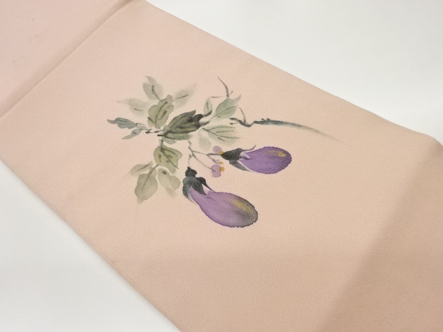 JAPANESE HIRAKI NAGOYA OBI / CHIRIMEN / KINSAI / HAND PAINTED / WOVEN EGGPLANTS